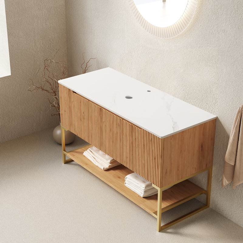 Coiffeuse Luxstone avec comptoir en pierre frittée, Woodgrain