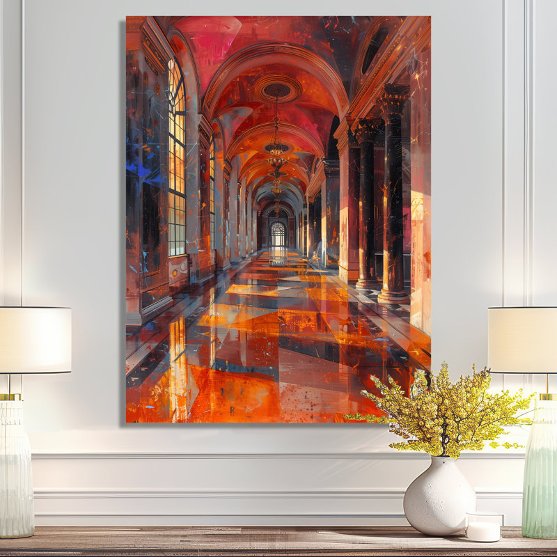 Opéra de couloir rouge doré doré glamour, Métal métal, H 34 po x l 44 po x P 1,5 po
