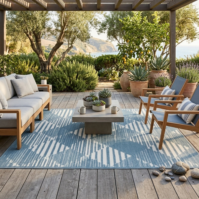 Turkish Unfaded Geometric Indoor Outdoor High-Low Pile Area Rug in Blue/Cream for Patios, Deck, Porch Or Entryway