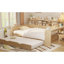 Lit de jour en bois naturel avec beaucoup de rangement, lit gigogne simple et espace d'étude productif en teintes de bois, tablettes, bureau, finition-759749638-759749633