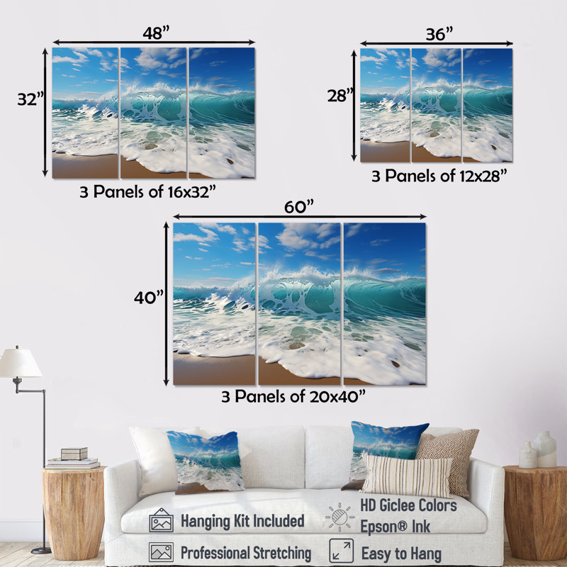Turquoise Power of Ocean Wave - Ensemble de décoration murale bord de mer, Toile tendue, H 40 po x l 60 po x P 1 po