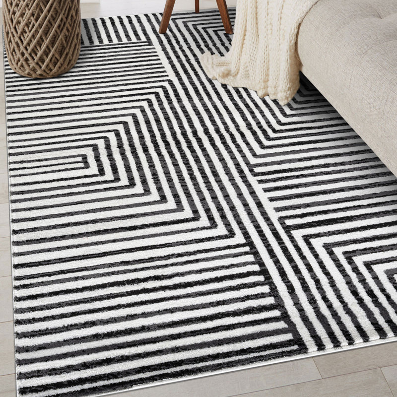Cream Black Modern Maze Area Rug, Rectangle 4' x 6'