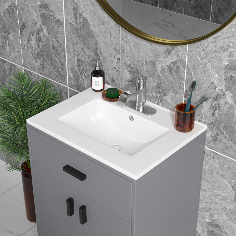 24" White Ceramic Rectangular Bathroom Single Vanity Top Sink Only with Overflow, Single