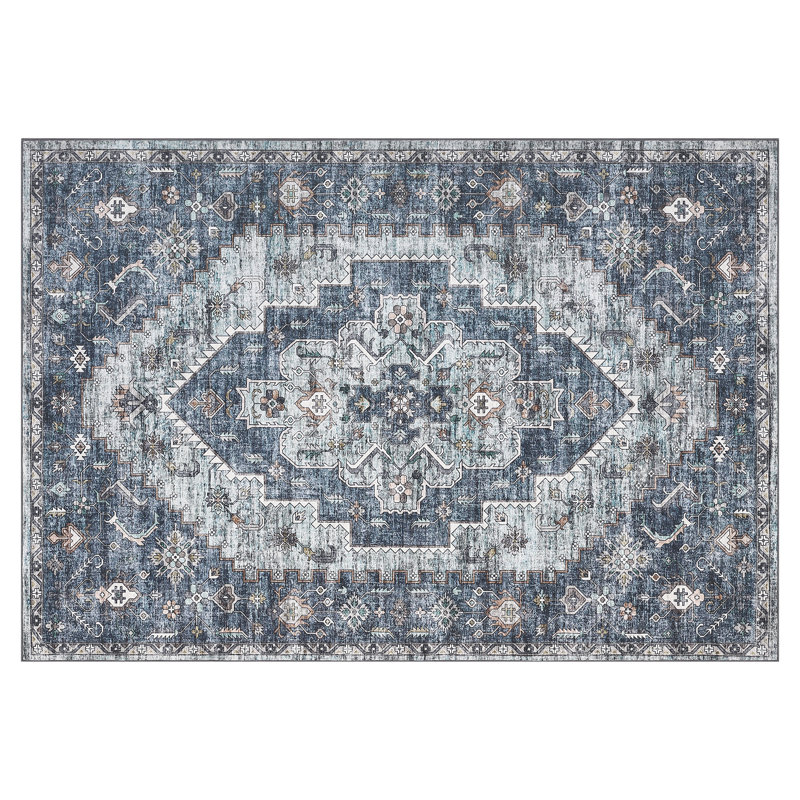 5x7 Washable Area Rug Vintage Oriental Medallion Floor Cover Living Room Foldable Rug Non Slip Carpet Distressed Floral Mat for Bedroom Dining Room Blue
