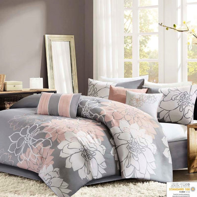 Literie en coton pour grand lit - gris / pêche, floral, jupe de lit et 3 coussins décoratifs gris / pêche, avec