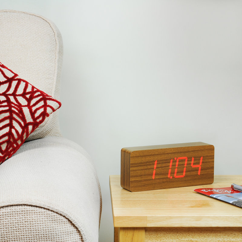 Sleek & Chic Modern Digital Wood Electric Alarm Tabletop Clock, Teak/Red