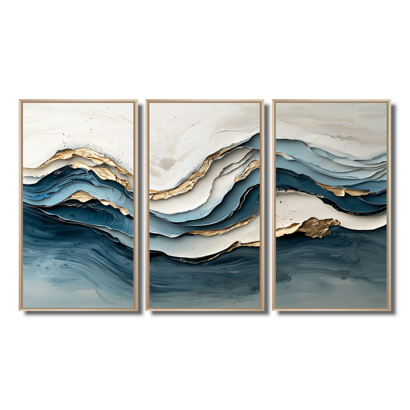 Marbre blanc et bleu, vague IV - ensemble d'art mural vagues côtières, Toile naturelle avec cadre flottant
