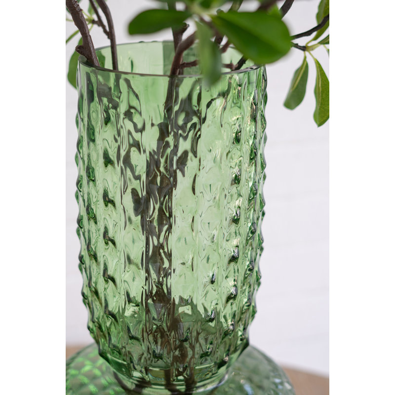  Round  Glass Vase With Hobnail Texture, overall height- 15.1", Green