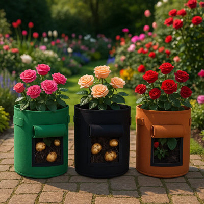 Ensemble de 3 pots de culture 13,8 po avec fenêtre, ensemble de 3 pots à fleurs en tissu avec rabat de récolte, couleurs variées (noir, vert, gingembre orange)