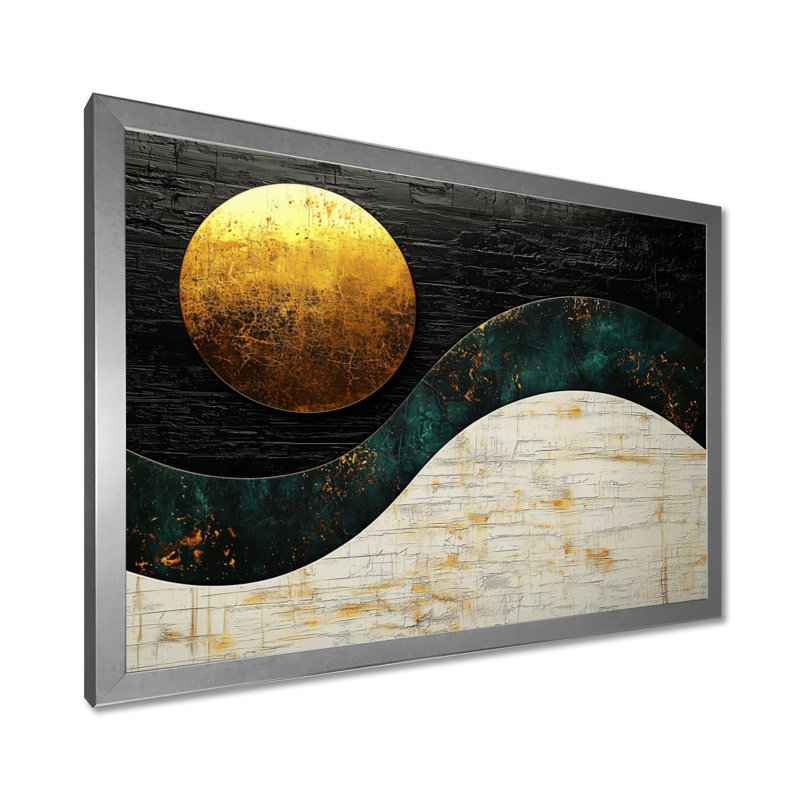 Lune sans limite dorée et noire - rêverie géométrique abstraite, H 16 po x l 32 po, Picture Framed, Argent argent