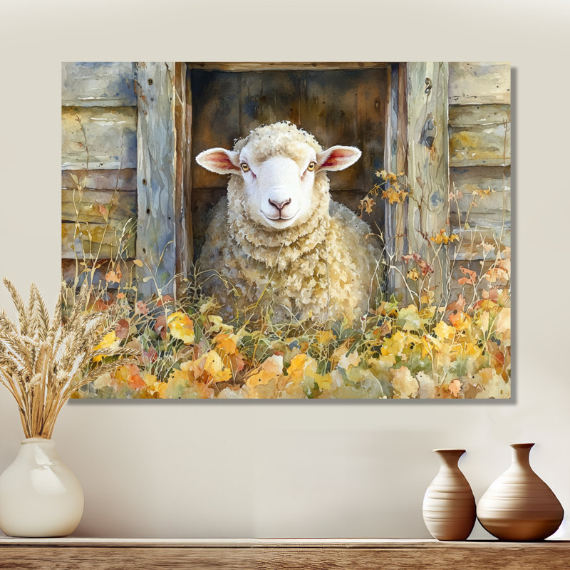 Dulinsky Sheep Floral Portrait At The Barn - Sheep Large, art mural, H 12 po x l 20 po, Toile tendue, Ne s’applique pas
