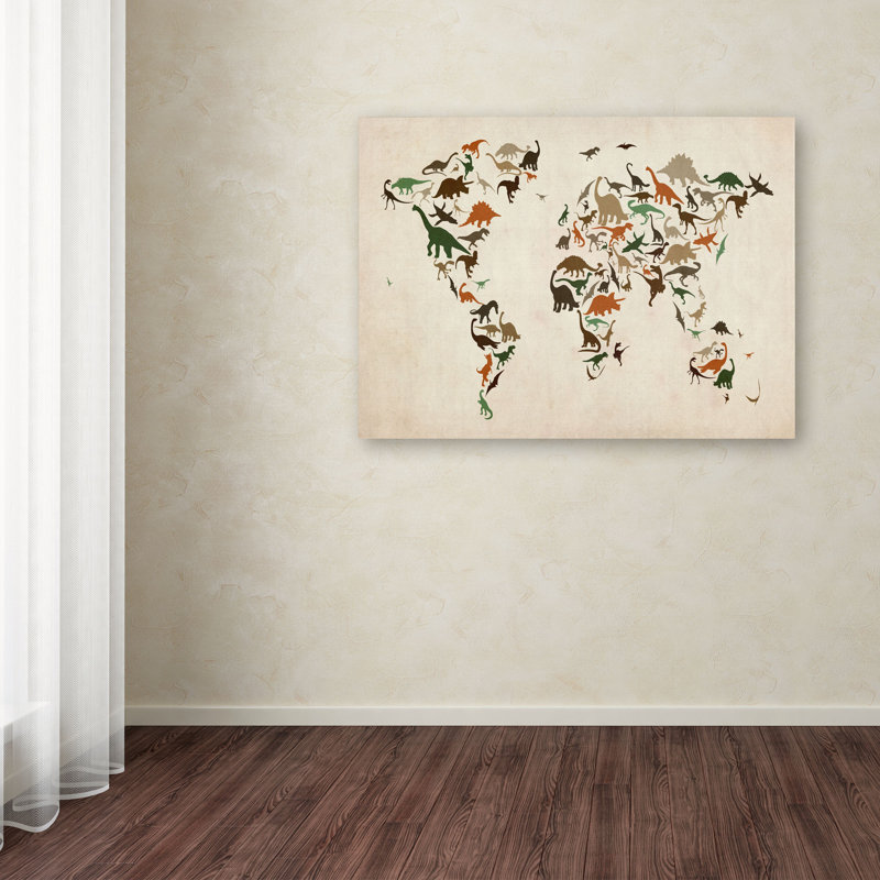 "dinosaur world map 2" par michael tompsett, impression sur toile tendue encadrée, H 22 po x l 32 po x P 2 po
