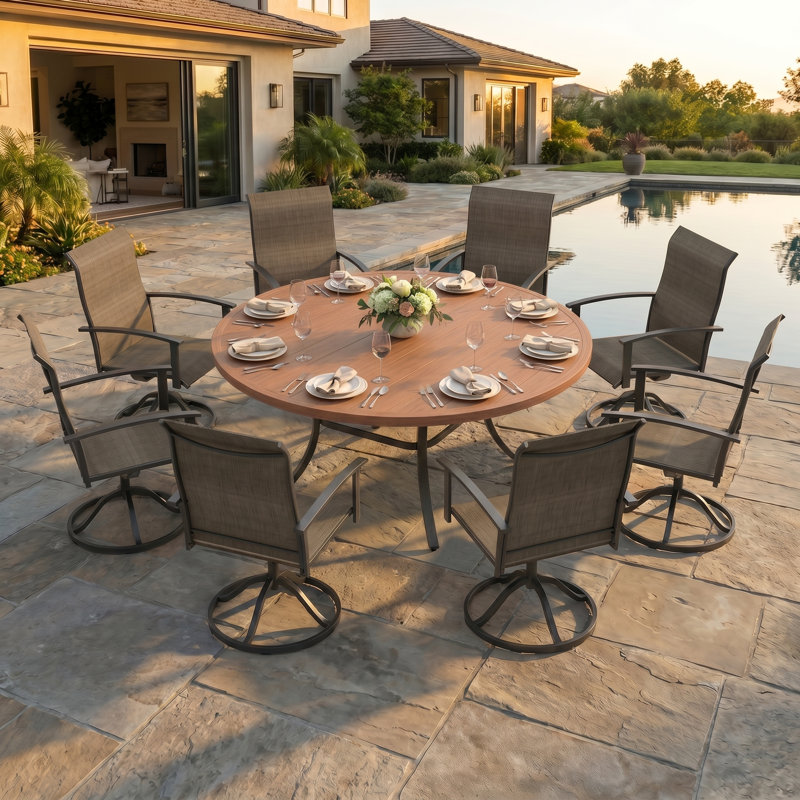 8-Person Patio Dining Set With Swivel Chairs, Walnut/Brown
