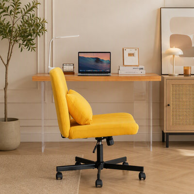 Chaise de bureau jaune en lin, sans accoudoirs et à roulettes, assise croisée - Polyvalente pour la maison, le bureau, la méditation et le maquillage