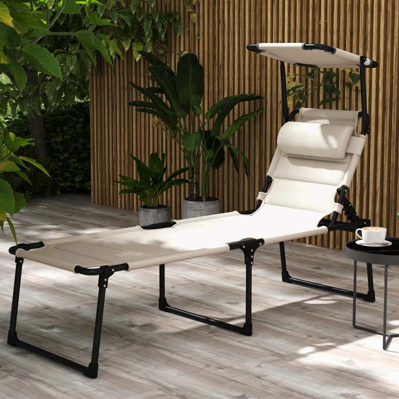 Chaise de bronzage de randonnée blanc crème, méridienne pliante réglable avec parasol et coussin pour les voyages en plein air
