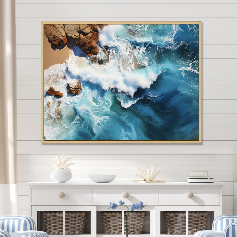 Skyblue vue aérienne des vagues côtières IV - plage, art mural, Cadre flottant brun, H 24 po x l 32 po x P 1 po