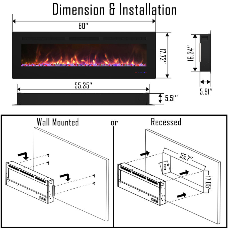 Powder Coated Electric Fireplace with 5100 BTU, 17.72" H x 60" W x 5.91" D