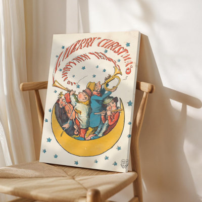 Art mural sur toile encadré, Musiciens sur un croissant de lune jouant des instruments, style rétro. Décoration murale, grande œuvre d'art pour le salon, prête à être suspendue, 24 po x 36 po