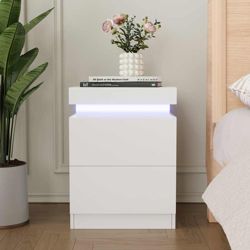 Bedside Table with Charging, 3 Layer Side Table with LED light, Remote and App Control, Yellow