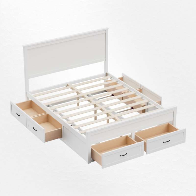 Wood Platform Bed Frame With 6 Drawers, Storage Bed, No Box Spring Needed, White