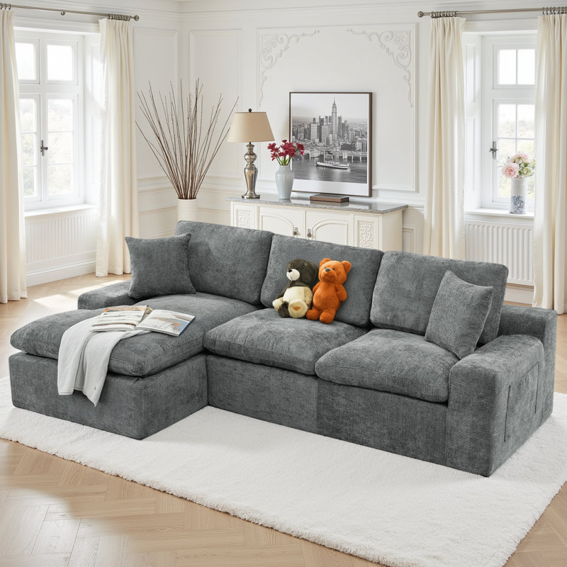 Canapé modulaire en L en chenille Boneless, Chenille grise