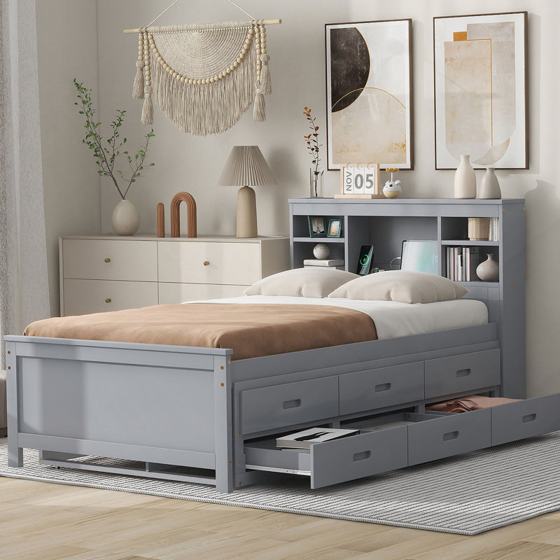 Lit plateforme avec tête de lit, USB, lit gigogne et 3 tiroirs, gris