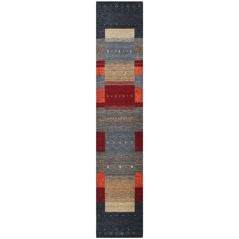 Hand Knotted Wool Area Rug in Black/Gray/Red/Beige, Runner 2'6" x 12'