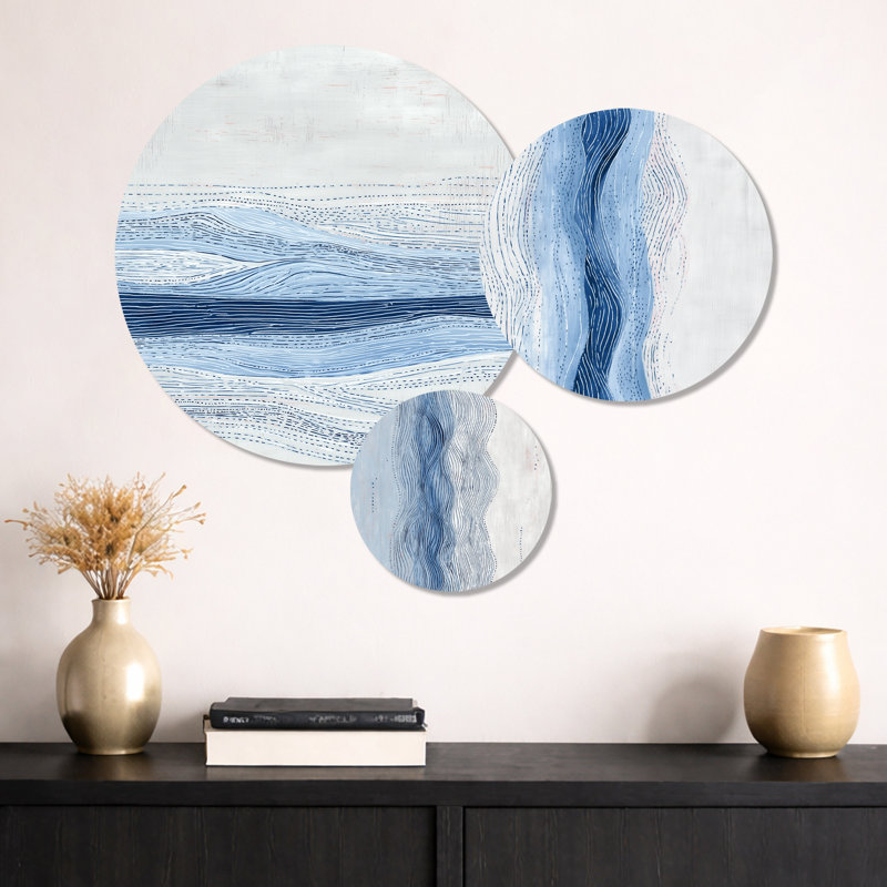 Bleu et gris côtier vagues - ensemble d'art mural en métal côtier de 3