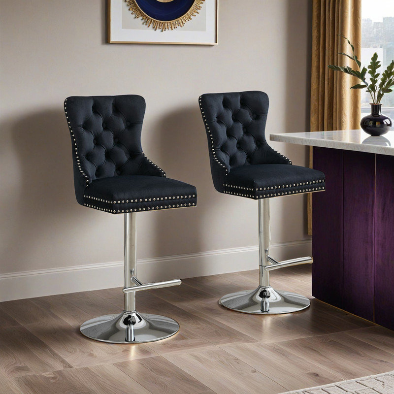 Ensemble de 2 tabourets de bar pivotants réglables - tabourets rembourrés en velours d'une hauteur de 25 à 33 pouces avec base chromée de 17,7 po, coussin à plis et à ressorts touffetés pour îlot de cuisine et bar pour la maison