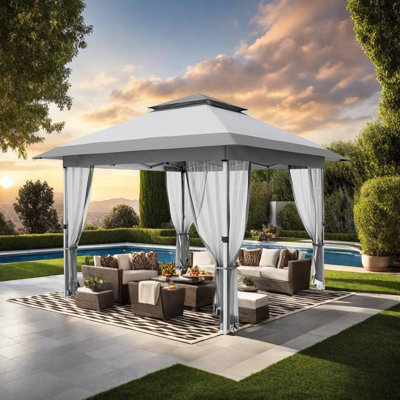 Collapsible Canopy Tent Canopy Tent 12x12 FT – Double Roof, Mosquito Netting, Waterproof, Adjustable Height, Wheeled Carry Bag – Patio, Garden, Party – White+Dark Gray, 3.6x3.6M