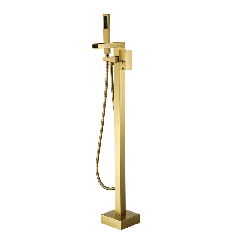 Robinet de robinet de baignoire à fixation au sol à poignée simple avec douche à main en noir mat, Or brossé