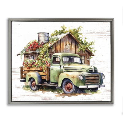 «Rustic Pickup with Greenery», art mural encadré flottant par lettré et doublé