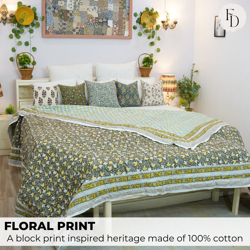 Fabdivine Luxury Block Print Cotton Quilt Floral Boho Bedding for Bedroom & Sofa, King Us, Blue/Green/Yellow