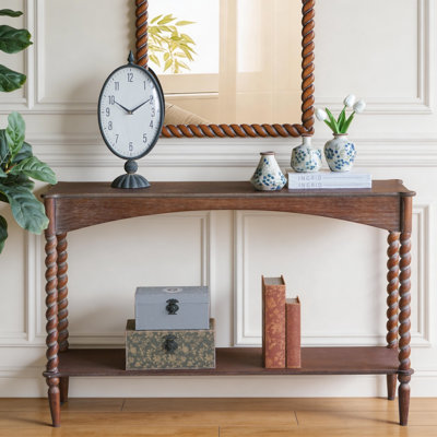 Brown Wood Console Table With Turned Spiral Legs And Lower Shelf for Living Room Entryway Decor