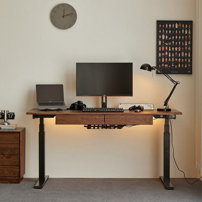 Nut-brown + Black Rectangular Hight adjustable Solid Wood + Carbon Steel with 2 drawers desk