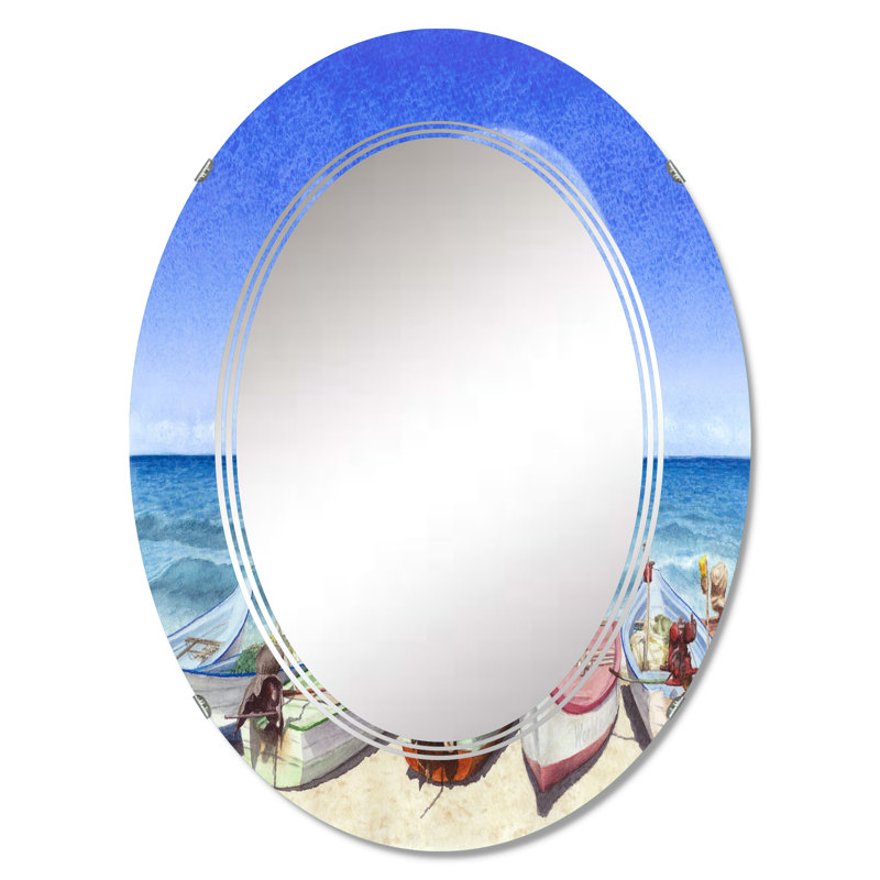 Bateaux sur la plage avec Supermoon - Miroir mural nautique et côtier ovale, 30 po x 20 po