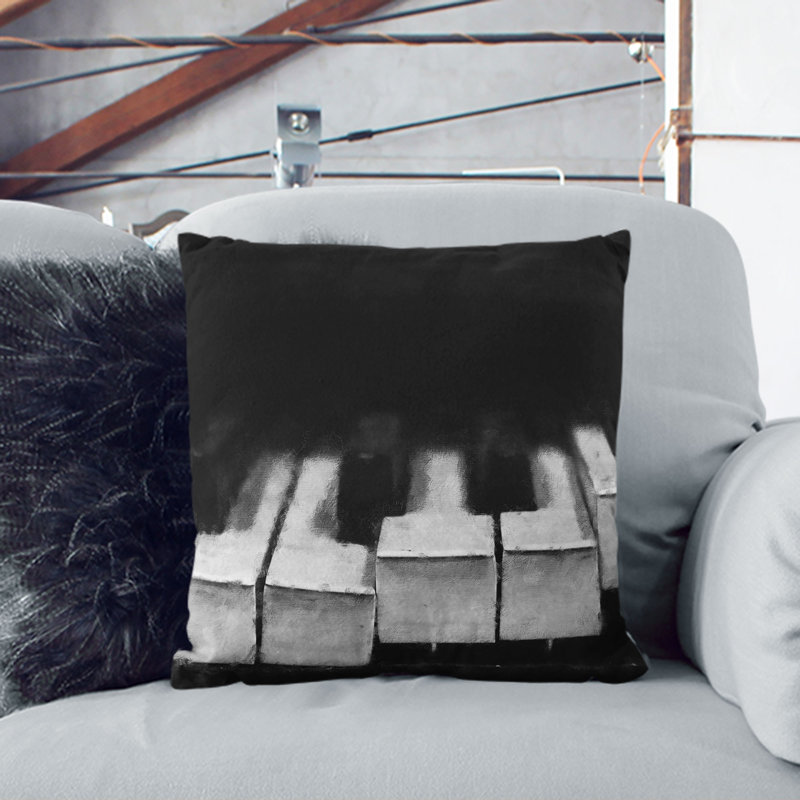 Broken Piano Keys Abstract Cushion with Filling, 40cm H x 40cm W x 15cm D, Black