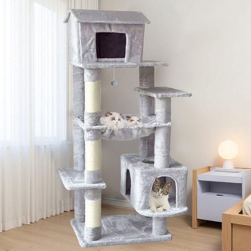 63 Inches Multi-Level Large Cat Tree, Light Gray