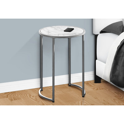 Contemporary End Table With White Marble Look Laminate And Grey Metal Legs For Bedroom Modern Base