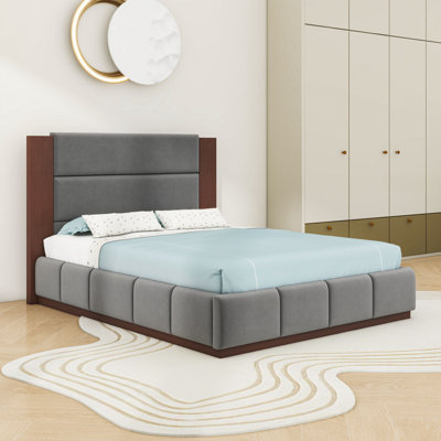 Lit plateforme tapissier avec tête de lit et pieds centraux