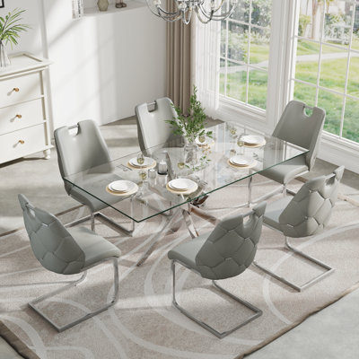 Table de salle à manger rectangulaire en verre trempé, table de salle à manger avec chaise à dossier haut en similicuir