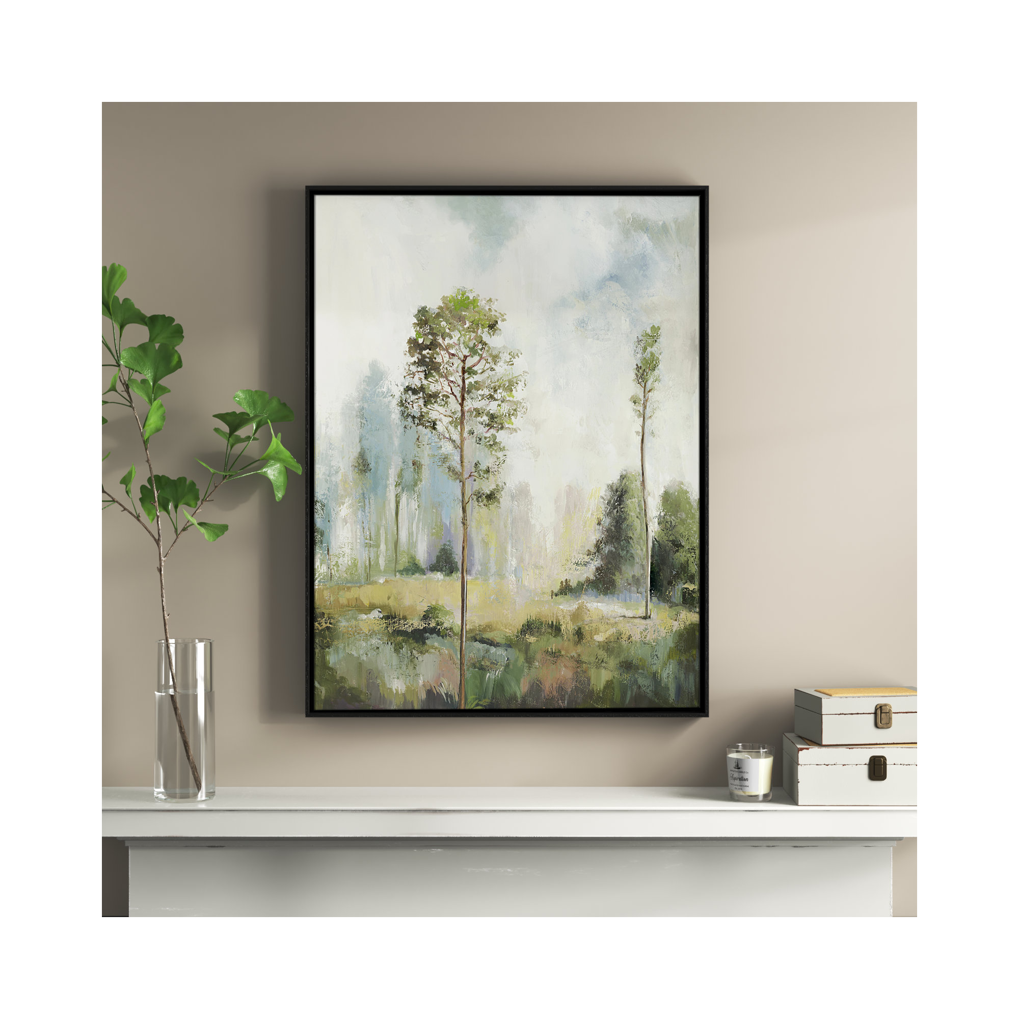 Tall Green Trees I by Teton Pearce - Floater Frame Print on Canvas, Black, 41.5" H x 31.5" W
