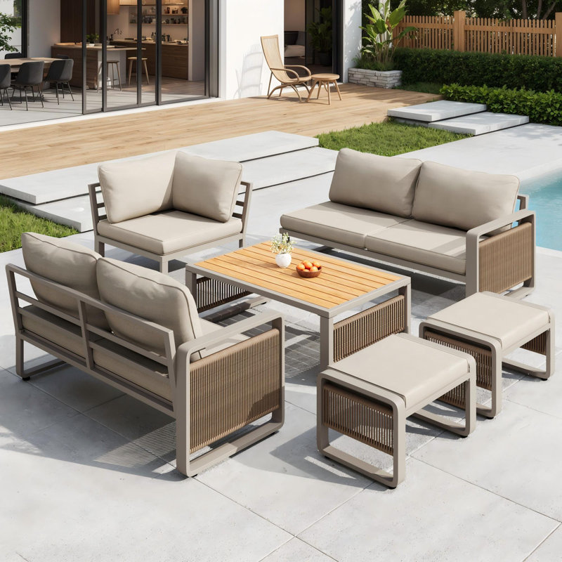 Outdoor Conversation Set 7 Places With 2 Sofas, 1 Corner Chair,2 Stools And 1 Coffee Table Beige