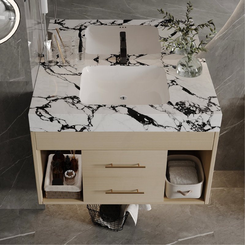 Ensemble de meuble-lavabo flottant 29,9 po avec lavabo sous-comptoir en céramique fritté et fixation murale pour petites salles de bain, appartement