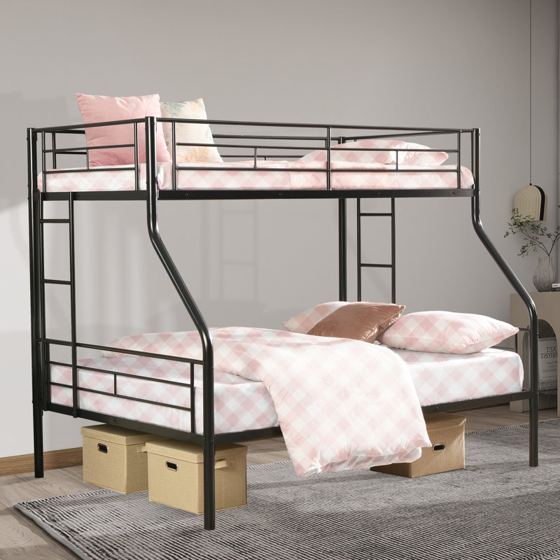 Metal Twin Over Full Bunk Bed With Trundle, Ladder, Full-Length Guardrails, Noise-Free, No Box Spring Required