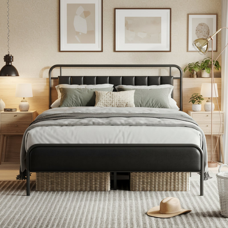 Bed Frame Leather Upholstered Headboard, Black