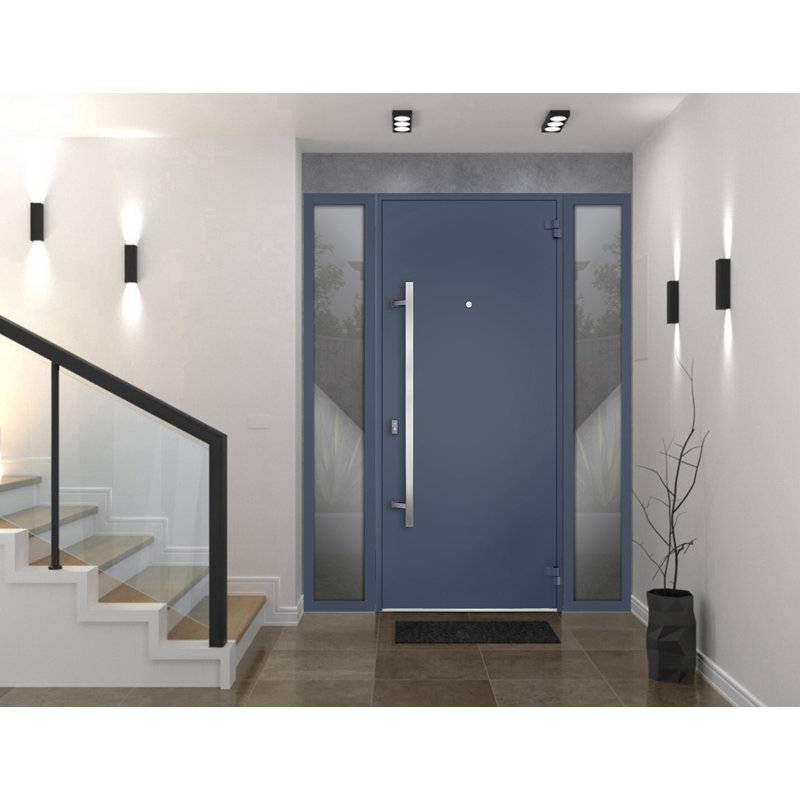 Porte avant en acier pré-suspendue à l'avant / deux graphites gris 0729/2 fenêtres extérieures latérales / inserts en acier inoxydable simples peints modernes - l 12 + 36 + 12 po x H 80 po - Gauche