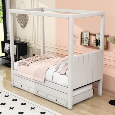 Wood Upholstered Canopy Platform Bed with Twin Trundle and 3 Drawers by Latitude Run