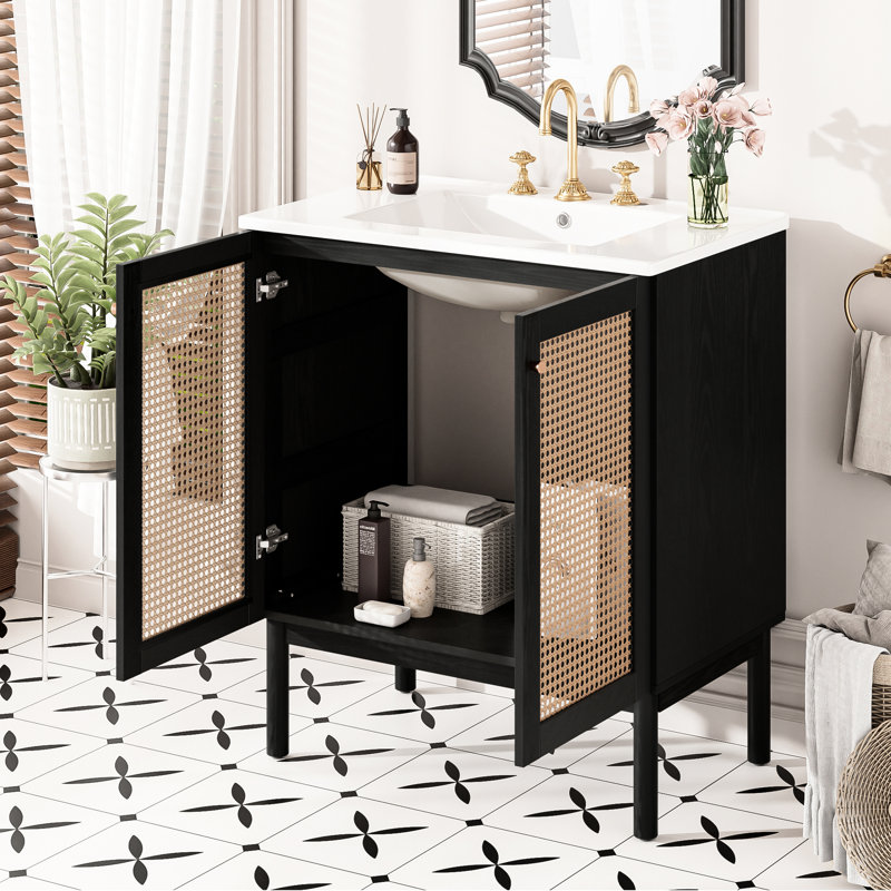 Meuble-lavabo de 30 pouces en matériaux naturels offrant un rangement généreux et des portes à fermeture en douceur