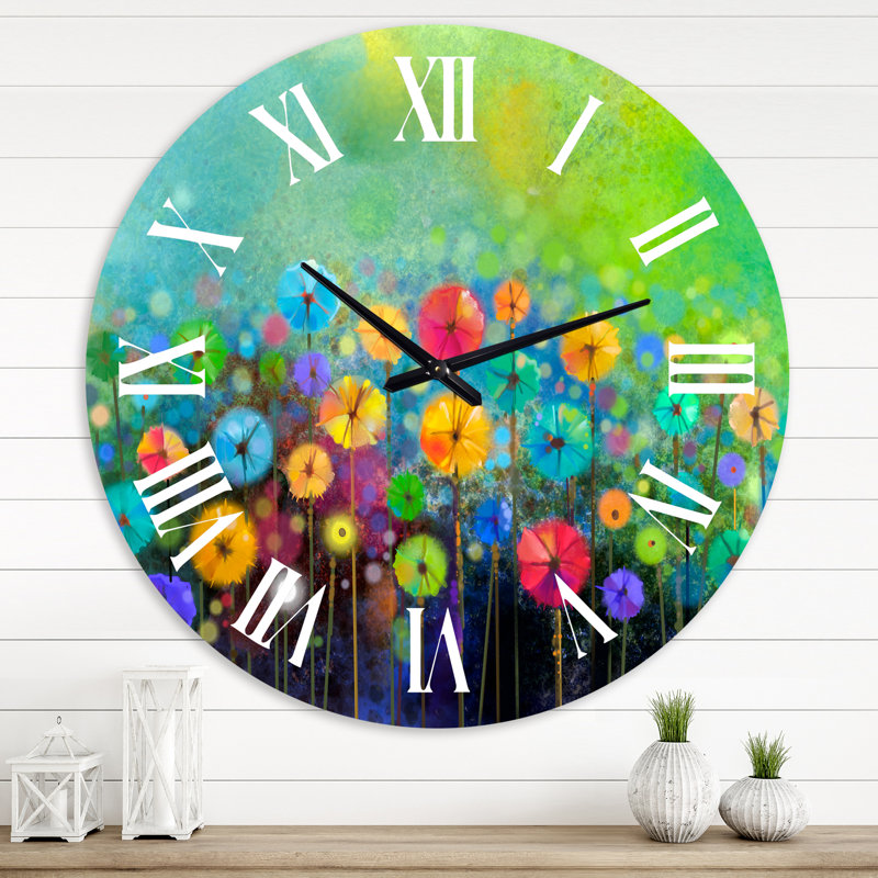Fleurs jaunes et rouges peintes à la main - horloge murale traditionnelle, Grand